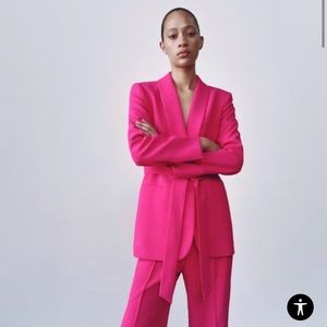 ZARA BELTED TUXEDO COLLARED BLAZER IN HOT PINK